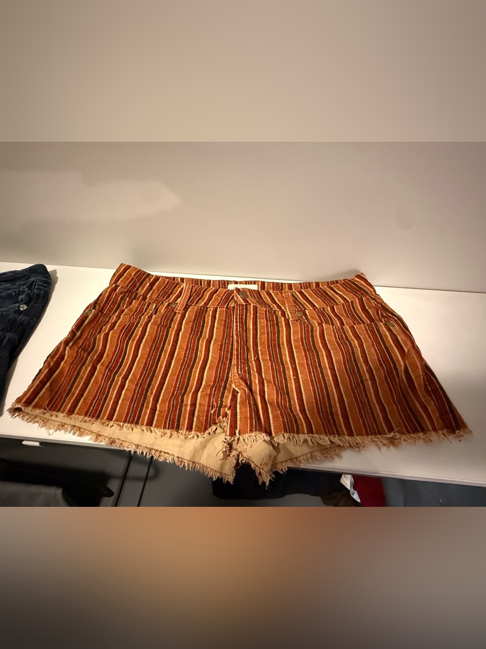 Forever 21 Rust & Cream Striped Frayed-Hem Jean Shorts